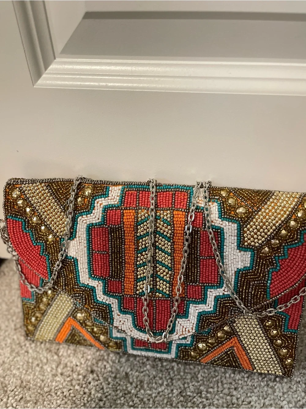Embellished Geometric Bead Envelope Clutch - Grey, Black Orange